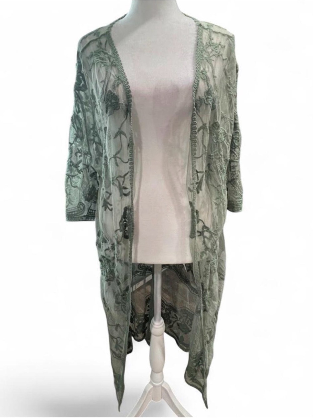 Light Sage Green Embroidered Long Cardigan Kimono